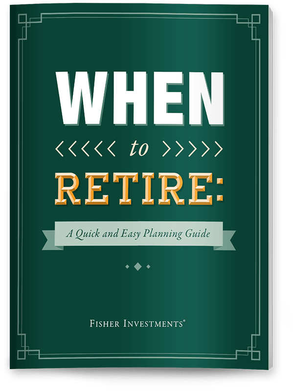 A dark green book cover with a title that reads "When to Retire" There is a sub-banner stating "A Quick and Easy Planning Guide" ending with a fisher investments logo at the bottom.